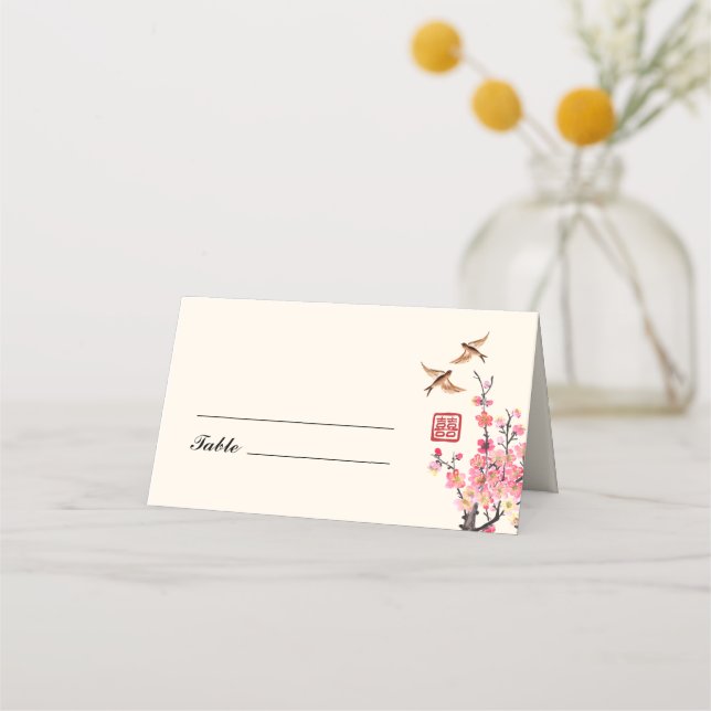 Carte De Placement Mariage chinois de peinture à l'encre de fleurs (Devant)