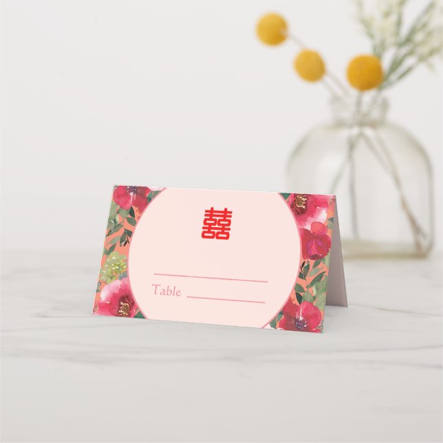 Carte De Placement Mariage chinois moderne orangé cercle fleuri (Devant)