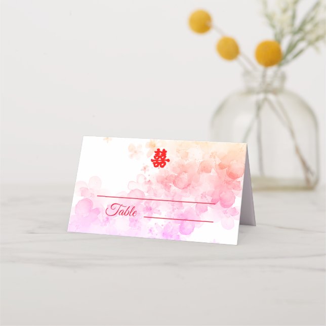 Carte De Placement Mariage chinois rouge aquarelle cerisier en fleurs (Devant)
