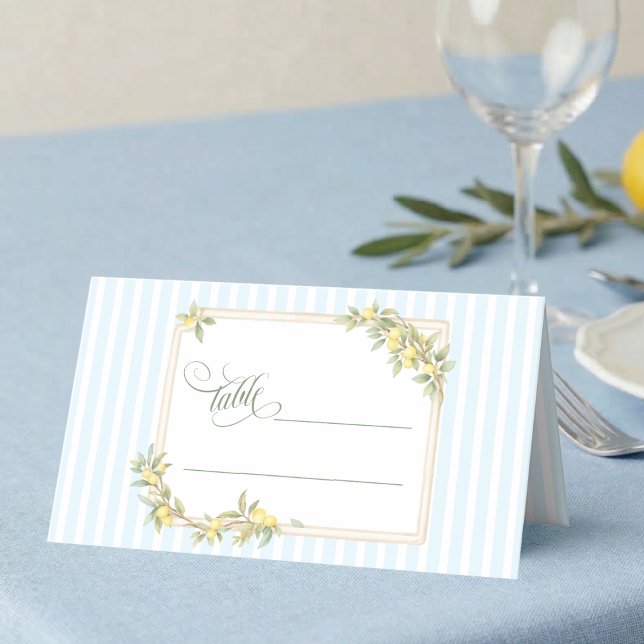 Carte De Placement Mariage Citron du Littoral (elegant coastal stripe mediterranean lemon wedding table place card with script calligraphy)