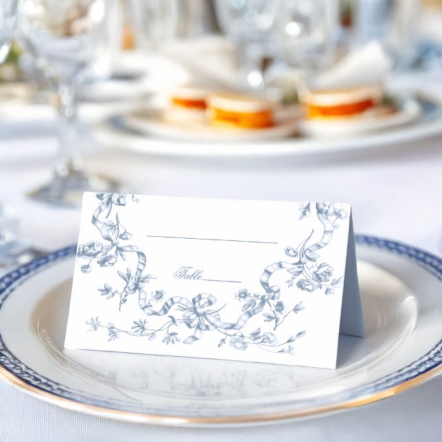 Carte De Placement Mariage Classique Fleurs et Rubans Bleu Français (Créateur téléchargé)