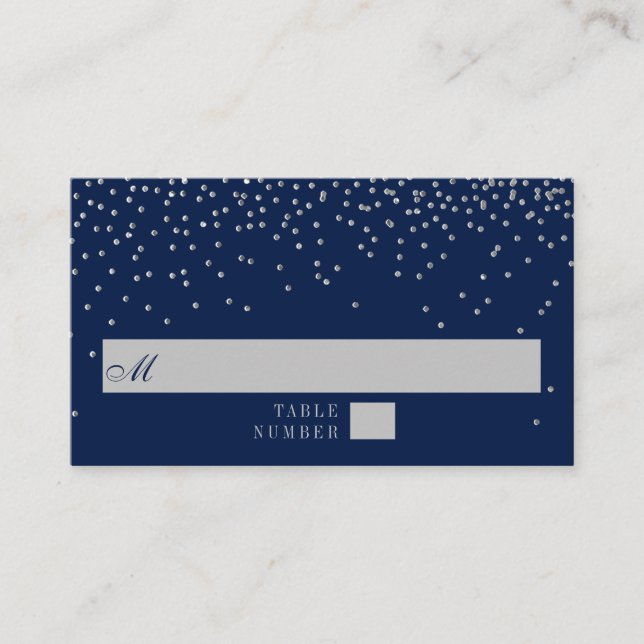 Carte De Placement Mariage Confetti en argent de marine bleu et de gl (Devant)