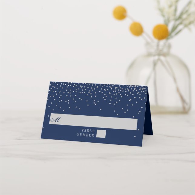 Carte De Placement Mariage Confetti en argent de marine bleu et de gl (Devant)