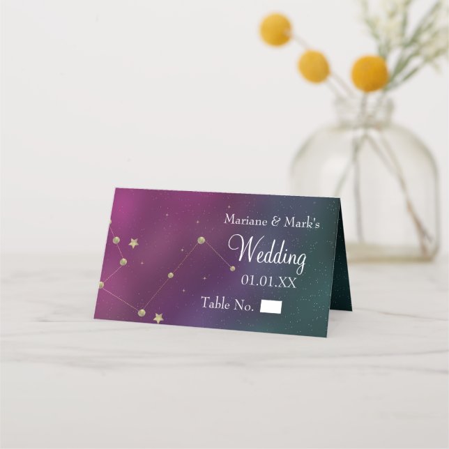 Carte De Placement Mariage Constellation Galaxie Étoiles Dorées Lune  (Devant)