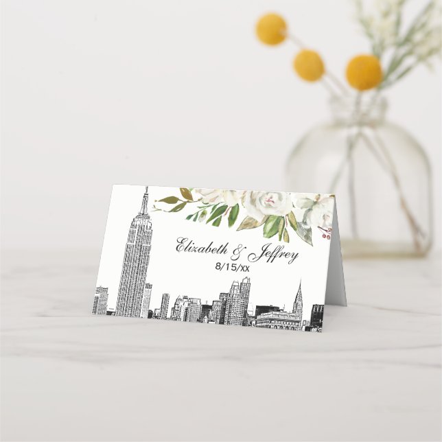 Carte De Placement Mariage d'aquarelle florale blanche NYC Skyline ES (Devant)