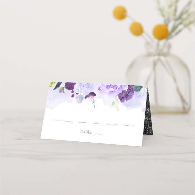 Carte De Placement Mariage d'aquarelle florale pourpre et argent (Devant)