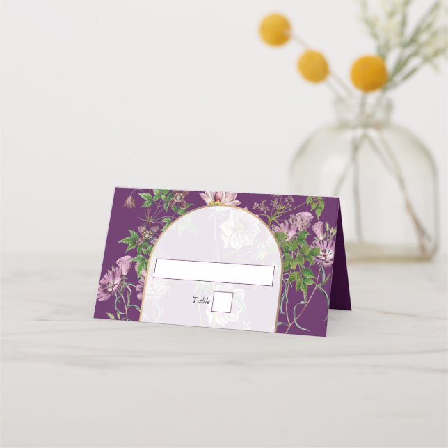 Carte De Placement Mariage d'arc doré fleuri violet (Devant)