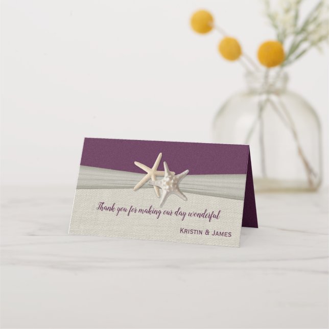 Carte De Placement Mariage d'aubergines Starfish et Burlap (Devant)