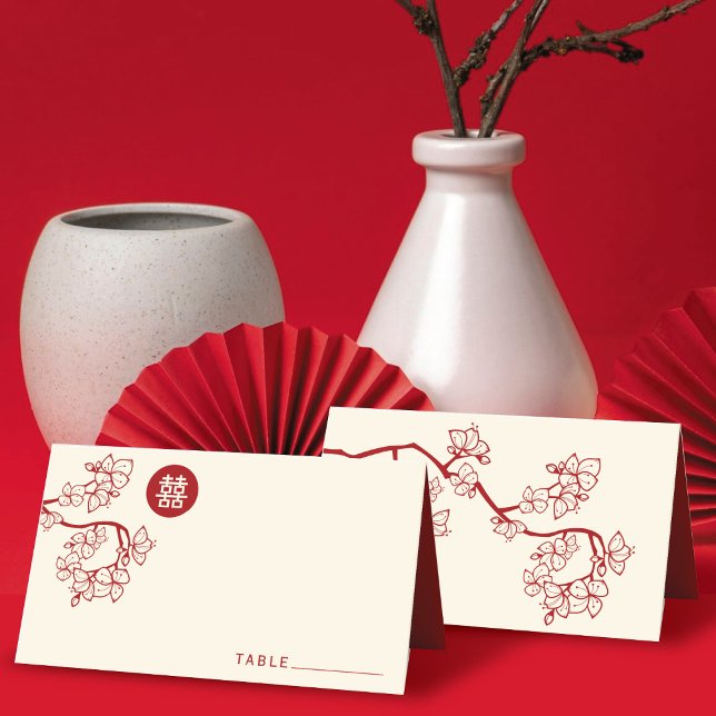 Carte De Placement Mariage de bonheur double de fleurs de prunes/de p (Red Peach/Plum Blossoms Round Double Happiness Chinese Wedding Place Card @ fatfatin_red_knot)