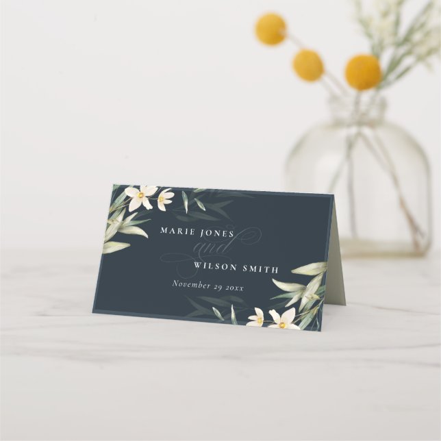 Carte De Placement Mariage de Bunch Floral Blanc de la Marine noire (Devant)