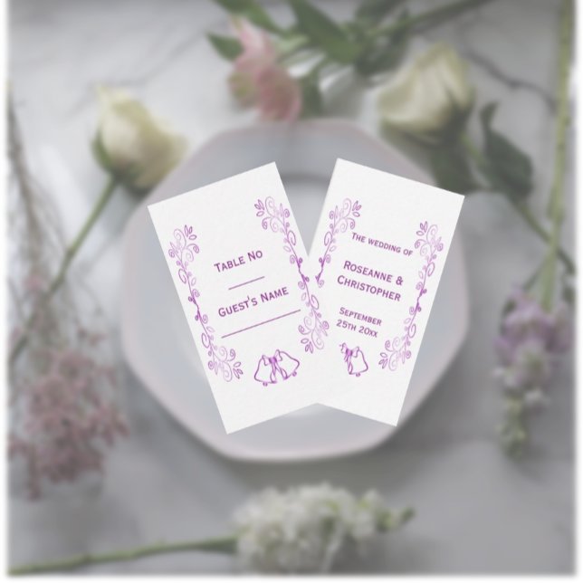 Carte De Placement Mariage de conception de défilement de cloches vio (Purple wedding reception place cards bells and scrollwork design)