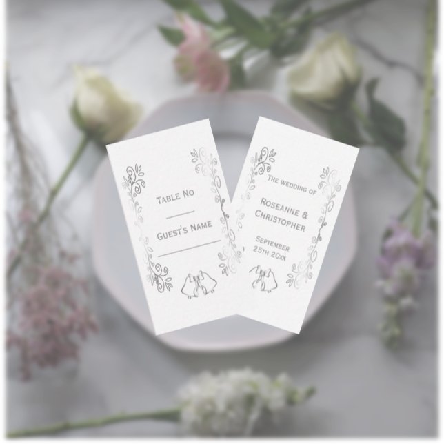 Carte De Placement Mariage de conception de défilement Silver Bells (Silver wedding place setting card bells and scrollwork design)