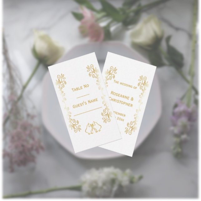 Carte De Placement Mariage de conception Gold Bells (Gold wedding place setting card bells and scrollwork design)