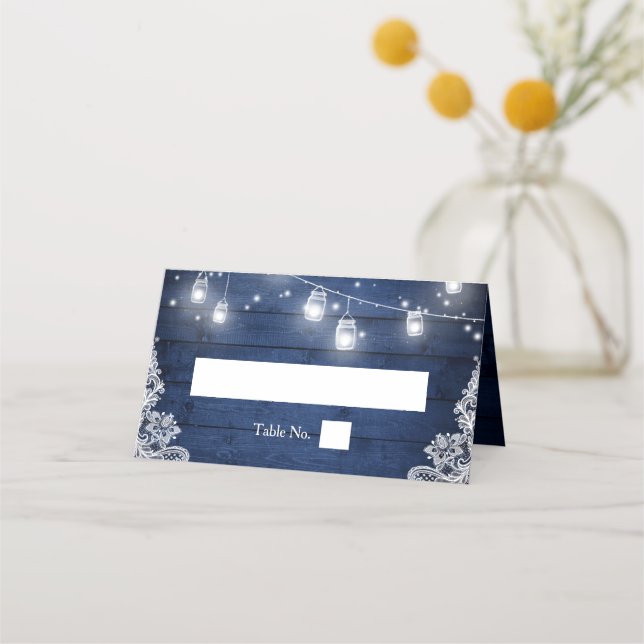 Carte De Placement Mariage de dentelle en bois bleu rustique (Devant)