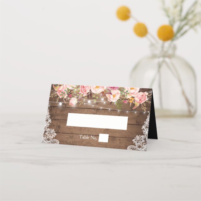 Carte De Placement Mariage de dentelle florale en bois rustique (Devant)