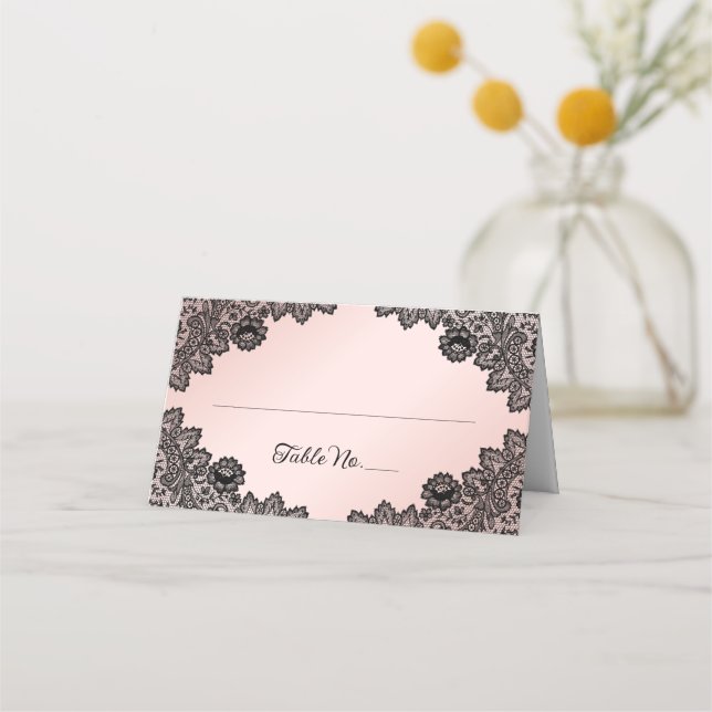 Carte De Placement Mariage de dentelle florale noir et blanc (Devant)