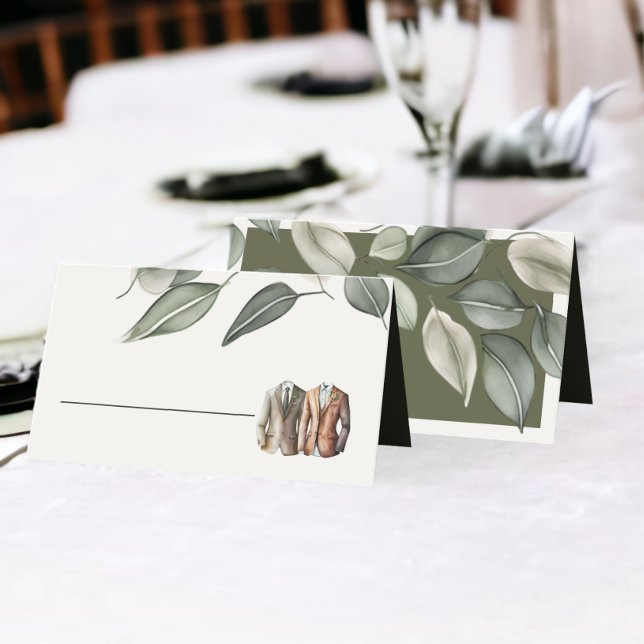 Carte De Placement Mariage de deux mariés au feuillage vert atténué (Muted Green Foliage Two Grooms Wedding Place Cards from Ricaso)