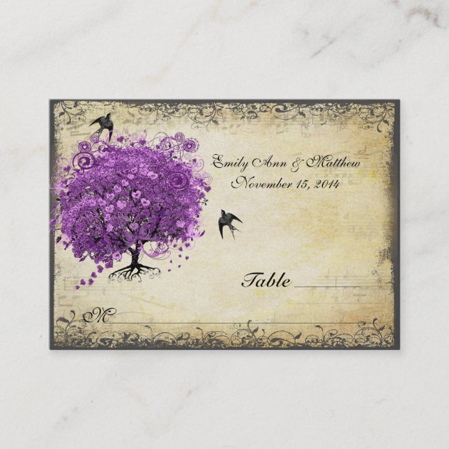 Carte De Placement Mariage de feuille d'arbre de coeur violet radiant (Devant)
