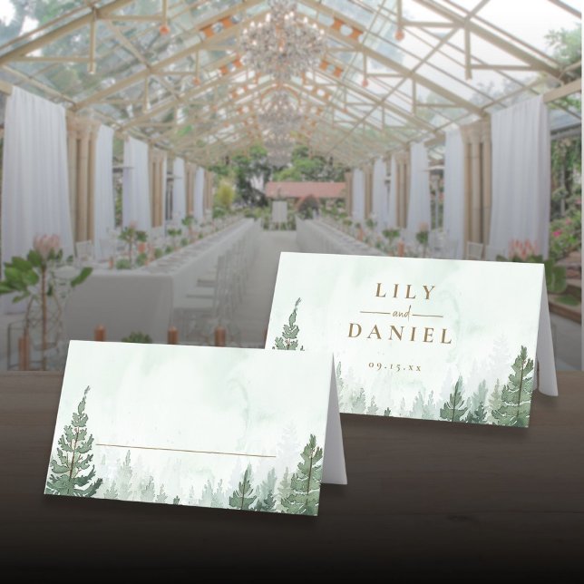 Carte De Placement Mariage de forêt de pin rustique plié (Rustic Pine Tree Forest Wedding Folded Place Card)
