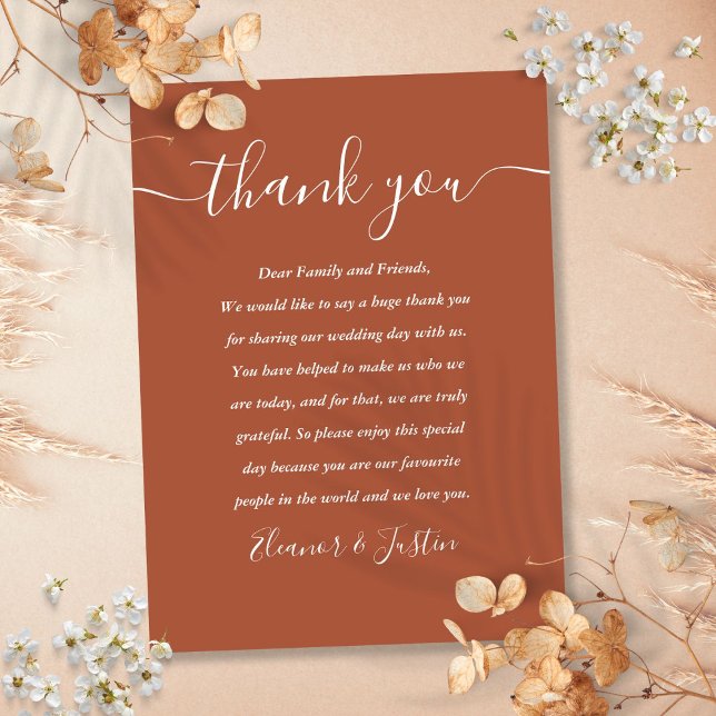 Carte De Placement Mariage de Merci de script en terre cuite (Terracotta Script Thank You Wedding Place Card)