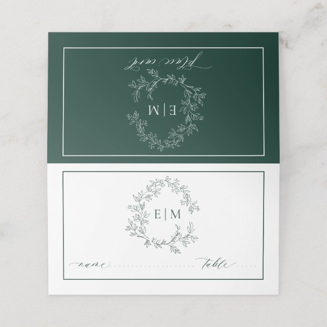 Carte De Placement Mariage de monogramme Emerald Green Leafy Crest (Extérieur déplié)