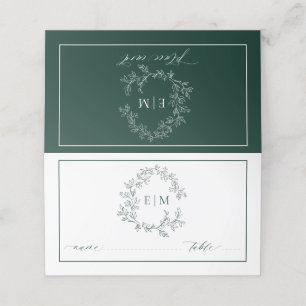 Carte De Placement Mariage de monogramme Emerald Green Leafy Crest