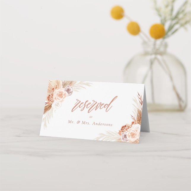 Carte De Placement Mariage de Pampas Rose en terre cuite Boho (Devant)