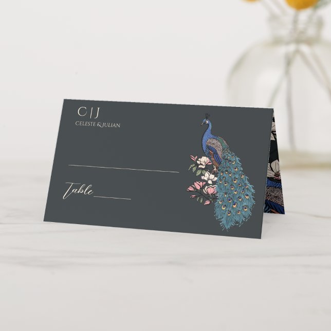 Carte De Placement Mariage de paon de couleur noire rustique (Rustic Floral Blue Teal Peacock on Magnolia Branch in Full Bloom with Flowers in Chic, Modern Black.)