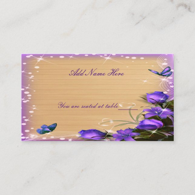 Carte De Placement Mariage de papillon floral violet en bois rustique (Devant)