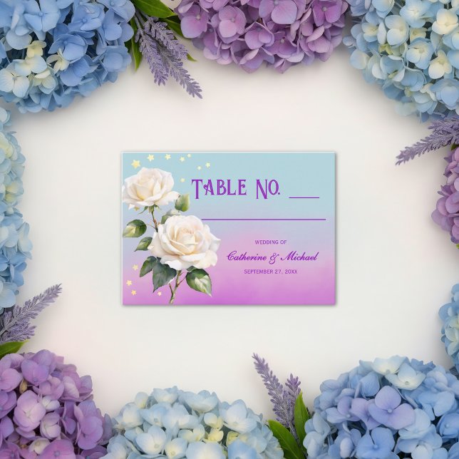 Carte De Placement Mariage de printemps à l'aquarelle bleu violet (Flat lay sky lavender blush floral spring garden wedding place card
)