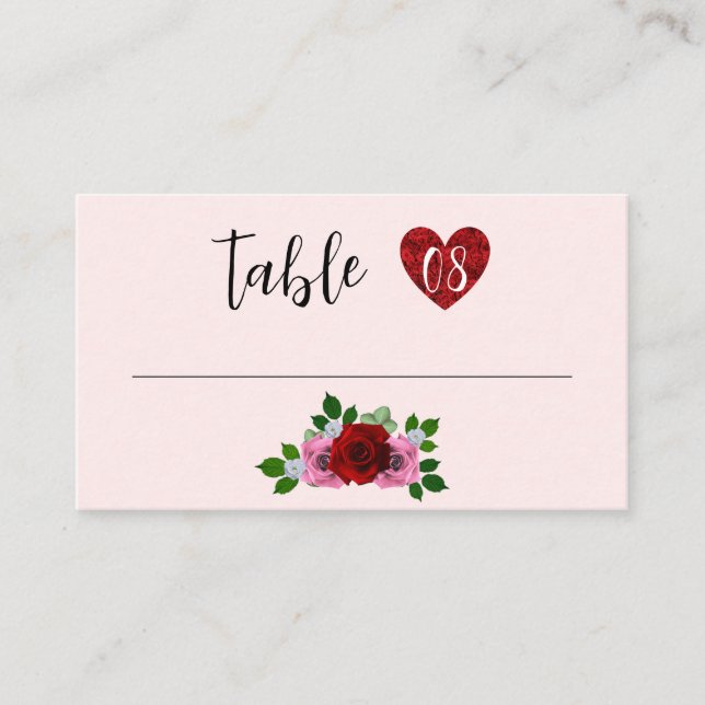 Carte De Placement Mariage de roses rouges et roses (Devant)