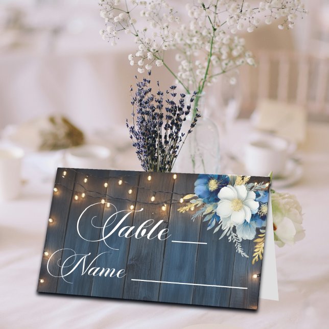 Carte De Placement Mariage de table Blue Wood String Lights Numéro de (Créateur téléchargé)
