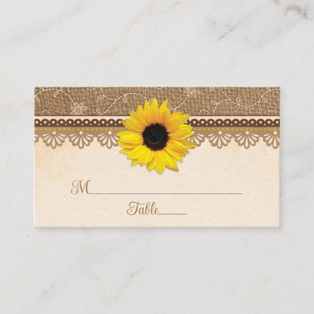 Carte De Placement Mariage de tournesol en bois de dentelle de Burlap (Devant)