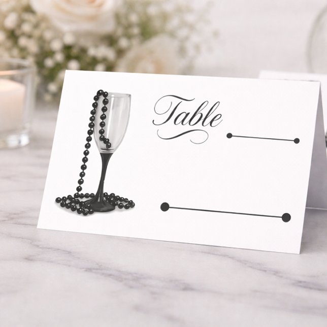 Carte De Placement Mariage de verre de champagne Black & White Pearl (Créateur téléchargé)