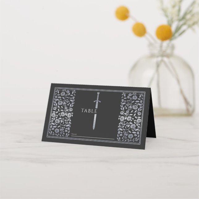 Carte De Placement Mariage d'épée médiévale noire en argent (Devant)