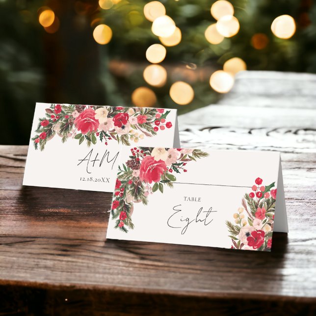 Carte De Placement Mariage d'hiver rustique rouge vert floral (Rustic Red green Floral Winter Wedding Place Card)