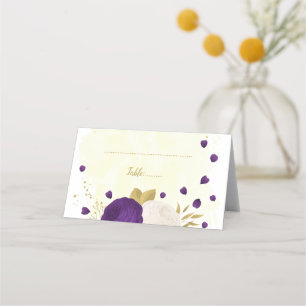 Carte De Placement mariage d'or botanique royal violet et fleurs blan
