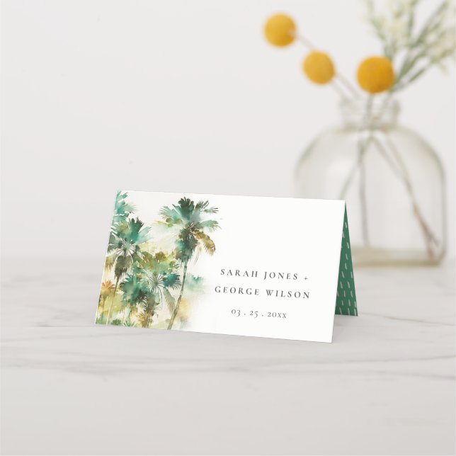 Carte De Placement Mariage Dusky Green Tropical Aquarelle Palm Trees (Devant)