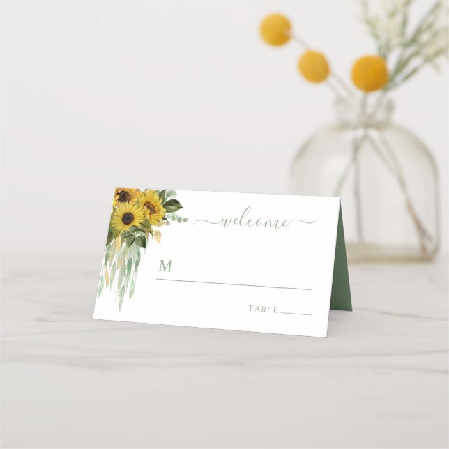 Carte De Placement Mariage Élégant aux Tournesols Floraux Verts (Devant)
