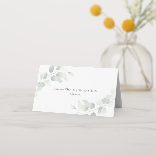 Carte De Placement Mariage Élégant avec Verdure d'Eucalyptus  (Dos)