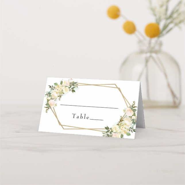 Carte De Placement Mariage Elegant Blanc Chic Rose Floral Gold Frame (Devant)