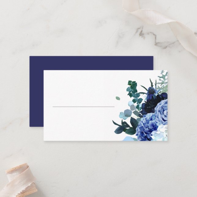 Carte De Placement Mariage élégant et soft Indigo et Bleu (Devant/Arrière en situation)