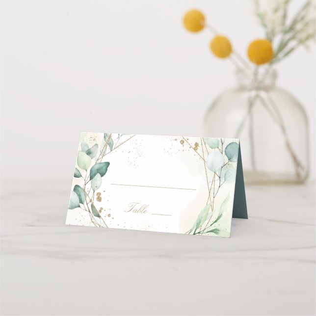 Carte De Placement Mariage Élégant Géométrique Or avec Verdure d'Euca (Devant)