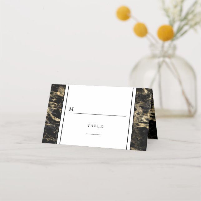 Carte De Placement Mariage Élégant Marbre Noir Or (Devant)
