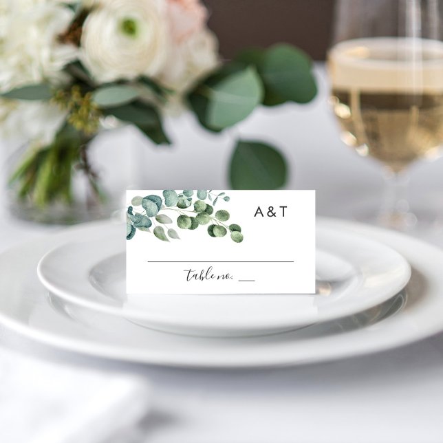 Carte De Placement Mariage Élégant Monogramme de Verdure d'Eucalyptus (Créateur téléchargé)
