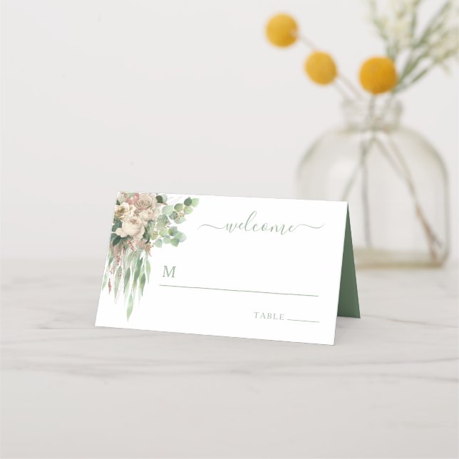 Carte De Placement Mariage Élégant Roses Florales Vertes (Devant)