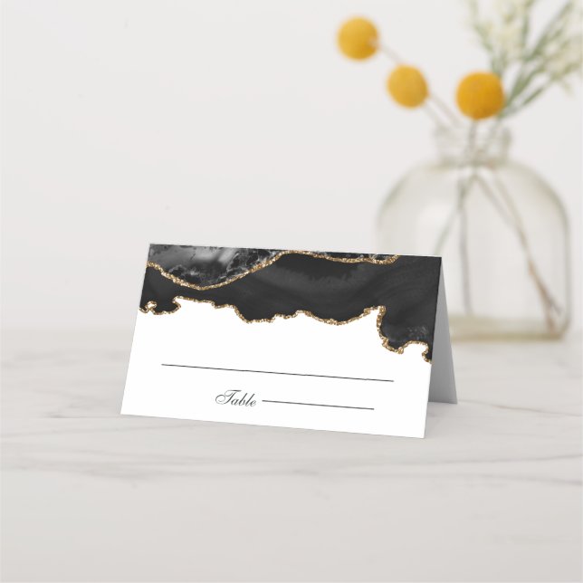 Carte De Placement Mariage en Agate Marbrée Noir et Or (Devant)