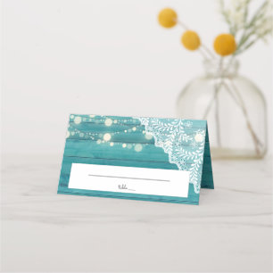 Carte De Placement Mariage en bois bleu, dentelle et cordes