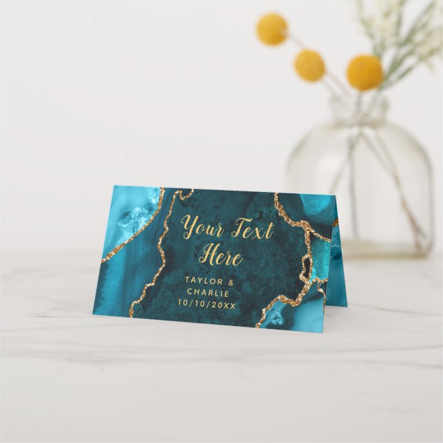 Carte De Placement Mariage en marbre turquoise et doré (Dos)