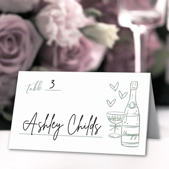 Carte De Placement Mariage fantaisiste vert dessiné à la main (Hand Drawn Green Whimsical Wedding Place Card)